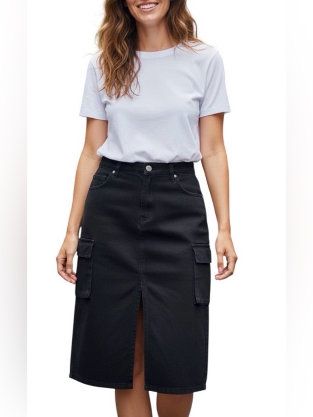 Love Tree Denim Black Cargo Pocket High Waist Split Front Long Maxi Skir…